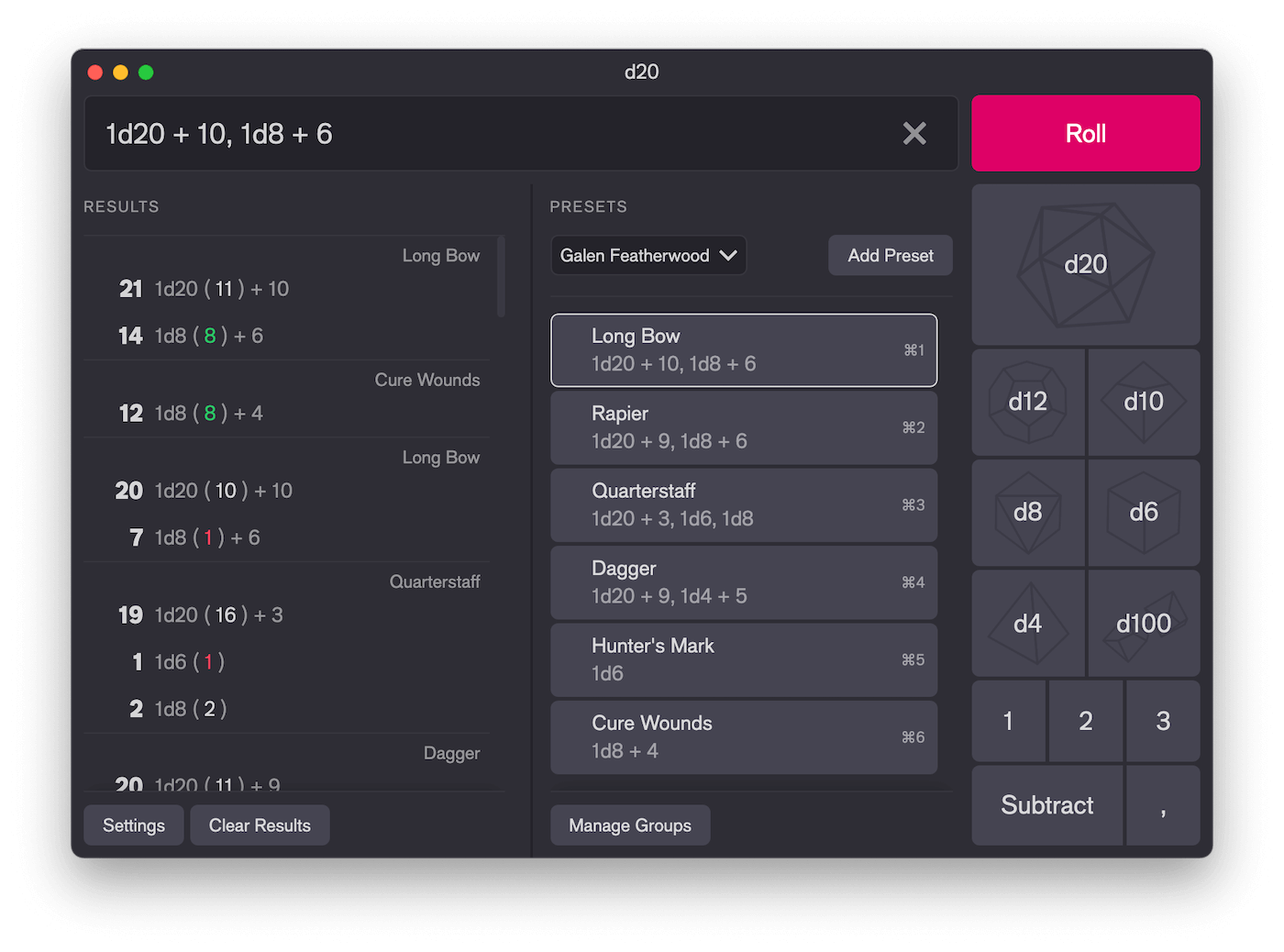 A screenshot of d20 showing some dice roll results, preset rolls such as Long Bow, and dice rolling buttons.